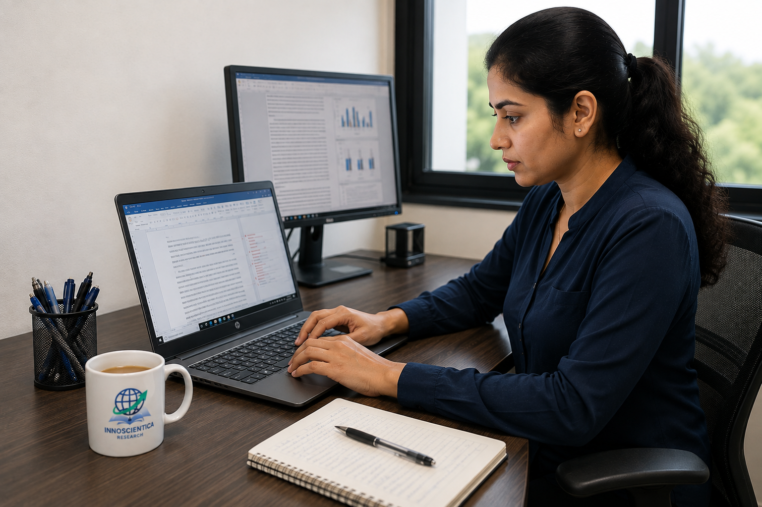 Scientific writer editing a manuscript with research figures on screen