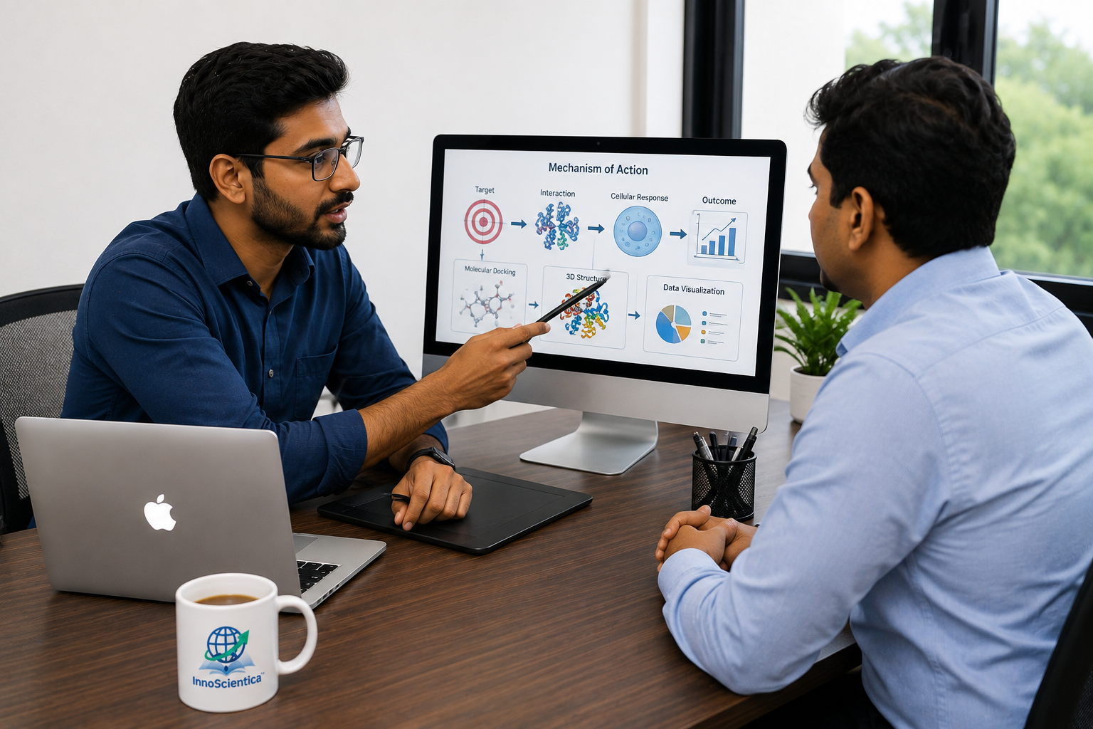 Scientific visual communication discussion with mechanism diagram on screen